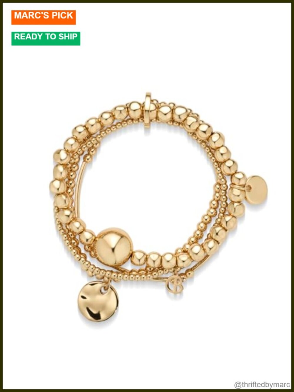 18K Gold Tone 4 Layer Beaded Stretch Bracelet Stack Disc Ball Charms